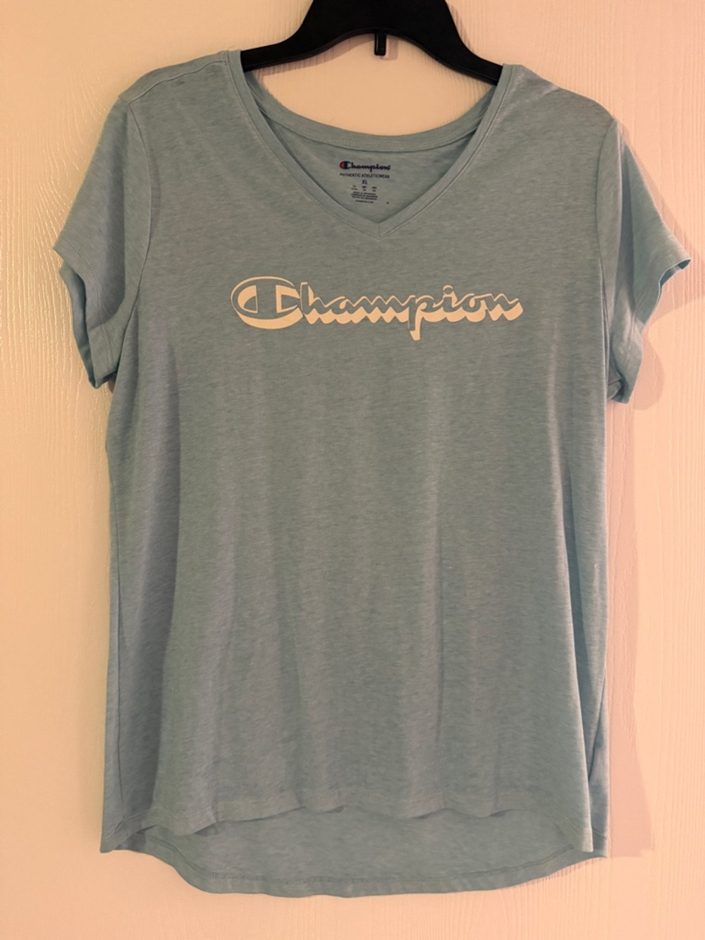 Champion Women’s Light Teal V-Neck Logo Tee Shirt